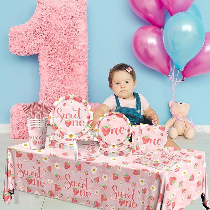 Strawberry 1st Birthday Party Decorations for Girls - Sweet One 1st Birthday Tableware Including Plates,Napkins,Tablecloths Summer Fruit Table Decorations for Berry First Party Supplies