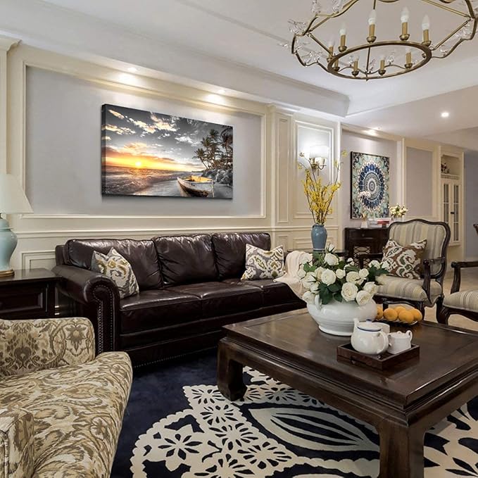 Beach Wall Art Canvas Prints Art Black and White Sunset Seascape Pictures Bedroom Decor Boat Tree Ocean Landscape Painting for Living Room Office Decoration Natural Scenery Artwork 28 x 57inches