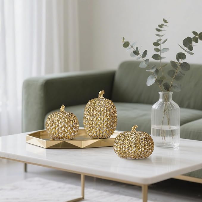 winemana Fall Decorations for Home Set of 3, Gold & White Resin Pumpkin Decor with Woven Design - Thanksgiving Table Centerpiece, Mantel, Indoor & Outdoor Farmhouse Autumn Décor