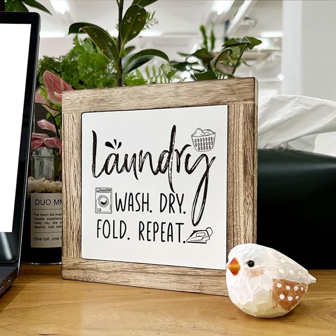 Laundry Room Decor, Laundry Steps Sign, Wash Dry Fold Repeat Sign, Wooden Box Signs for Home Decor, Farmhouse Wood Plaque Sign, Laundry Room Shelf Decoration, Country Style Wood Block Laundry Sign