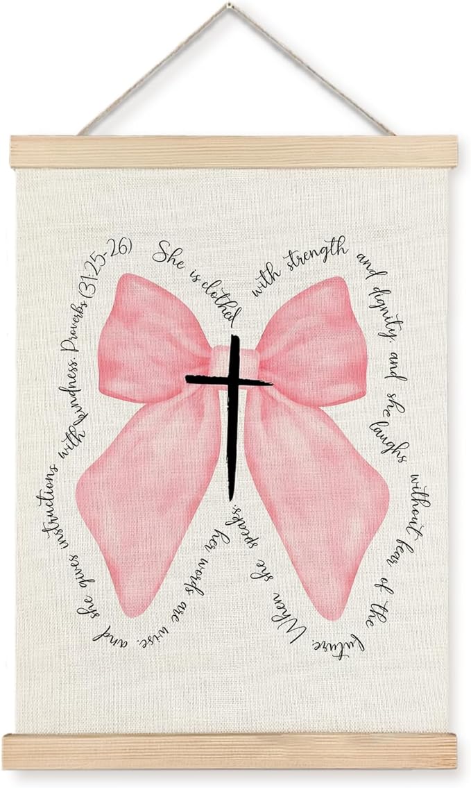 Supwhd Pink Bow Coquette Christian Wall Decor for Girls Room Dorm, Pink Christian Bible Verse Wall Art With Wooden Poster Hanger, 12x16