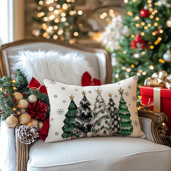 GEEORY Christmas Throw Pillow Covers 12 x 20 Inch Set of 4, Xmas Trees Merry and Bright Happy Holidays Farmhouse Decorative Cushion Cases for Home Decoration G584-12