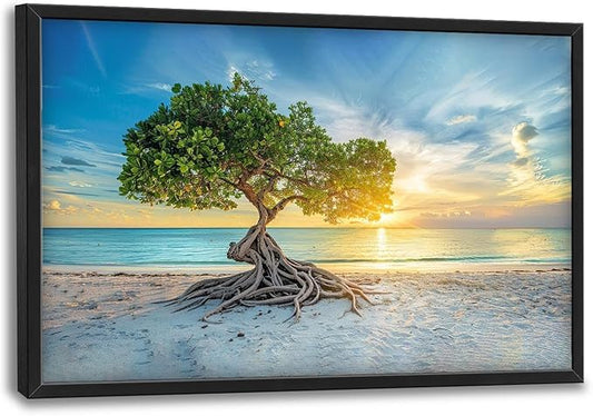Beach Tree Large Framed Wall Art Sunrise Coastal Sea Pictures Oversized Tree of Life Wall Decor Canvas Print Painting Aesthetic Modern Artwork for Living Room Bedroom Office Bathroom Home Decor 36L"x24W"