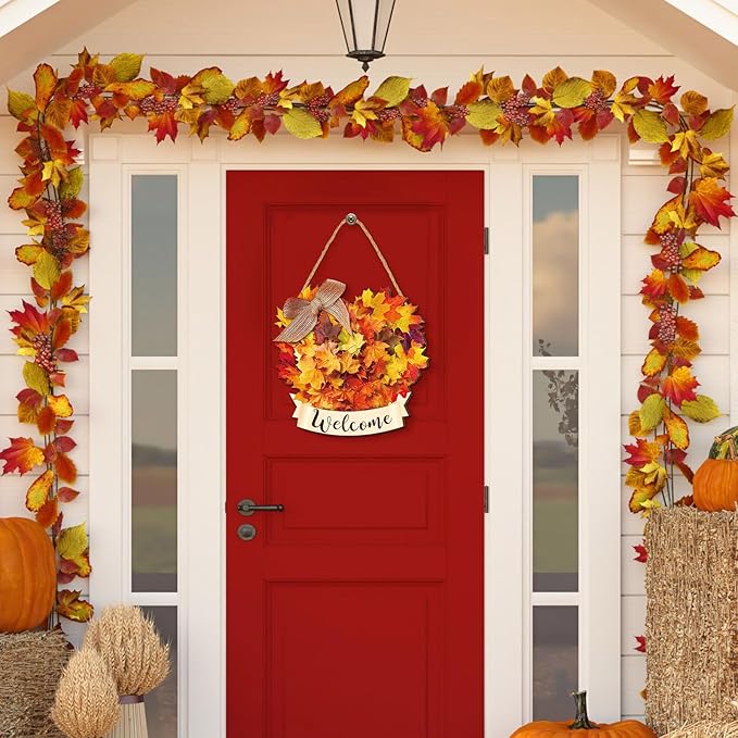 Boao Fall Welcome Door Sign Maple Leaves Hanging Decor Thanksgiving Wooden Sign Autumn Decorations Pumpkin Maple Leaves Wood Hanger for Outdoor Farmhouse Front Porch