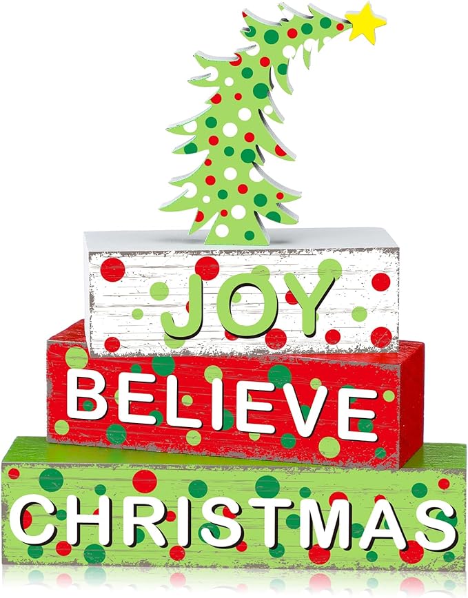 Geelin 4 Pcs Christmas Wooden Tabletop Decor Christmas Tree Tiered Tray Decor Xmas Red and Green Centerpiece Rustic Decorative Block Signs Gift Farmhouse Table Decoration for Home Kitchen