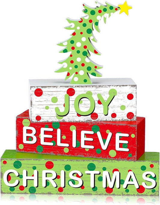 Geelin 4 Pcs Christmas Wooden Tabletop Decor Christmas Tree Tiered Tray Decor Xmas Red and Green Centerpiece Rustic Decorative Block Signs Gift Farmhouse Table Decoration for Home Kitchen