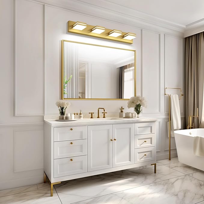 SineRise LED Modern Bathroom Vanity Light Fixtures (4-Light, 30-Inch), Brass Modern Acrylic Bathroom Wall Lighting Fixtures Over Mirror (Cool White 6000K)