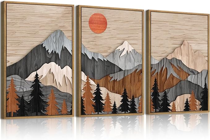 ANHUIB Mountain Wall Art 16x24 Inch Large Forest Wall Decor Woodcut Pine Tree Illustration Nature Wilderness Art Print Abstract Landscape Painting Set of 3 for Living Room Bedroom Office