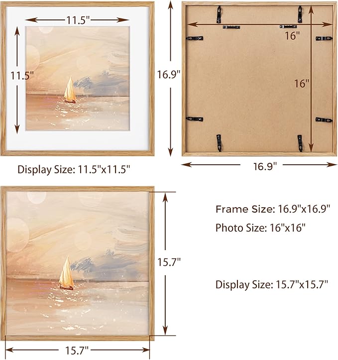 16x16 Oak Wood Picture Frame, 16"x16" Picture Frame Matted to 12"x12", Square Frame 16 x 16 with Real Glass, 16x16 Wood Frame for Wall - Beige Oak Color, 1 Pack