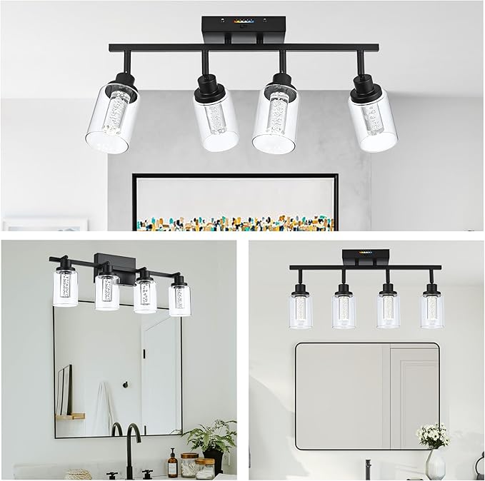 MELUCEE LED Track Lighting Fixtures Ceiling 4-Light Black Semi Flush Mount Ceiling Light Bathroom Wall Light with Flexibly Rotatable Light Heads, Built-in LED Chips, 5-Color Temperature Adjustable