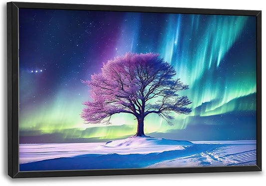 Tree of life Large Framed Wall Art Aurora Polar Lights Pictures Oversized Wall Decor Purple Aurora Polaris Canvas Print Painting Aesthetic Modern Artwork for Living Room Bedroom Office Bathroom Home Decor 36L"x24W"