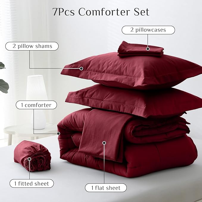 JOLLYVOGUE Queen Comforter Set, Ultra-Soft Bed in a Bag Queen Size 7 Pieces, Oeko-TEX Certified Bedding Set with Down Alternative Comforter, Sheets, Pillowcases & Shams, Burgundy