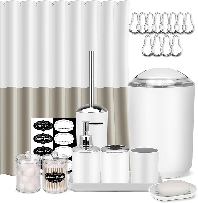 IMAVO Bathroom Accessories Set,White Bathroom Set,9 Pieces Bathroom Accessory Set with Shower Curtain,Qtip Holders,Toilet Brush,Trash Can for Bathroom Décor and Home Gifts