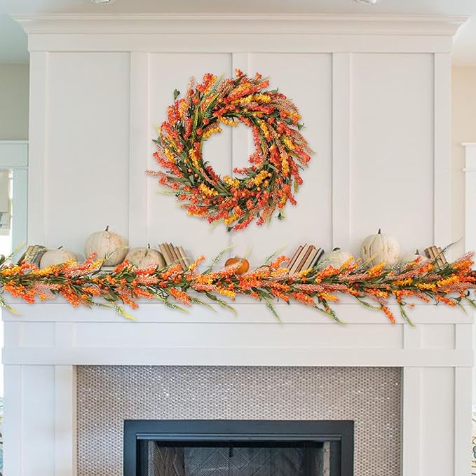 70 Inch Fall Flower Garland with Berries for Front Door, Harvest Orange Floral Wreath Garland for Indoor Outdoor, Fall Artificial Flower Garlands for Home Decor