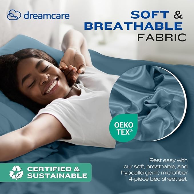 DREAMCARE Twin XL Sheets Set - 4 Pcs Cooling Bed Sheets with Up to 15" Deep Pockets - Soft, Long-Lasting 100% Brushed Polyester with Side Pocket (Mineral Blue)