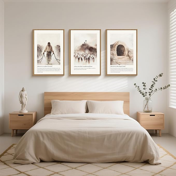 KAIRNE Christian Bible Verse Framed Wall Art Set of 3, Vintage Jesus Crucifixion, Empty Tomb Canvas Prints, Religious Decor for Home Church, Prayer Room, Christian Baptism and Easter Gift - 24x36 Inch