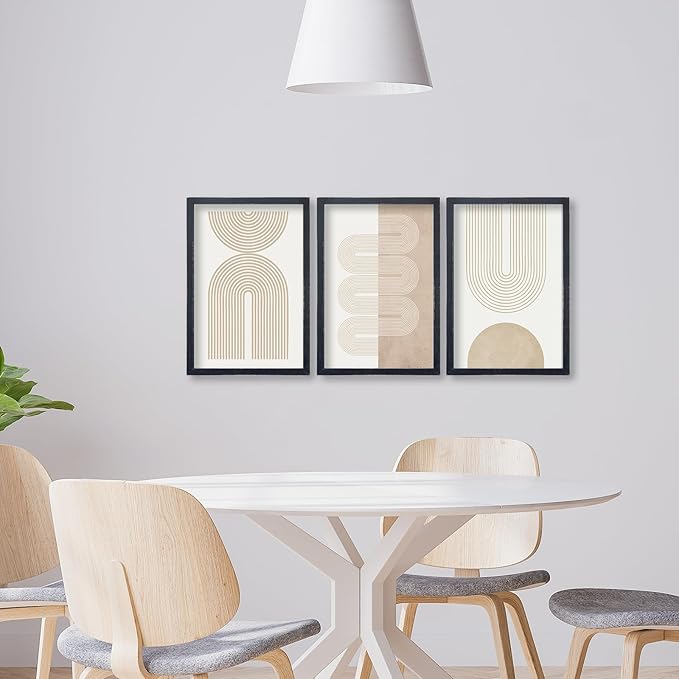 Wall Art Set of 3 Geometric Beige Spiral Wave 16"x11" Wooden Framed Mid Century Organic Abstract Neutral Sign Prints Nordic Boho Office Living Room Master Bedroom Wall Hang Decor (Black)