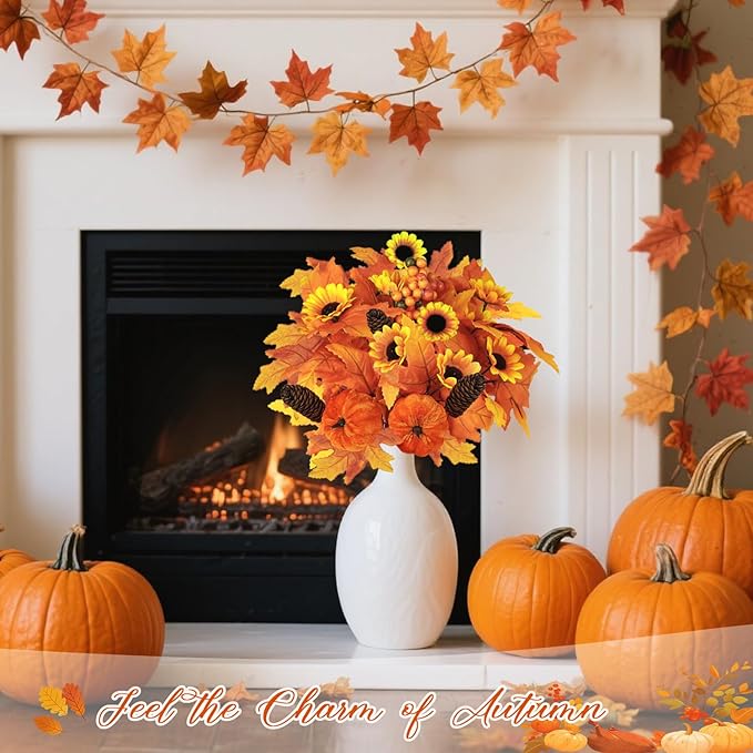 Artmag 2PCS Fall Artificial Flowers Decoration Maple Leaf Stem Pumpkin Branch Sunflower and Berries for Fall Thanksgiving Home Kitchen Festival Decoration (Brown)