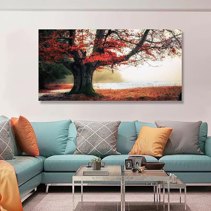 Stunning Nature Landscape Wall Art - 28x57 inches Canvas Artwork of Sunrise Forest Scenery with Red Leaves. Perfect Wall Decoration for Living Room, Bedroom and More