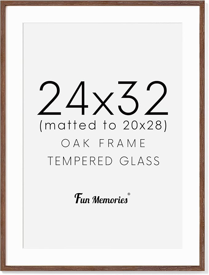Fun Memories Oak Wood Picture Frame 24x32 for Wall, Rustic Poster Frame With Real Glass, Mat for 20x28, Walnut Color (1 Pack)