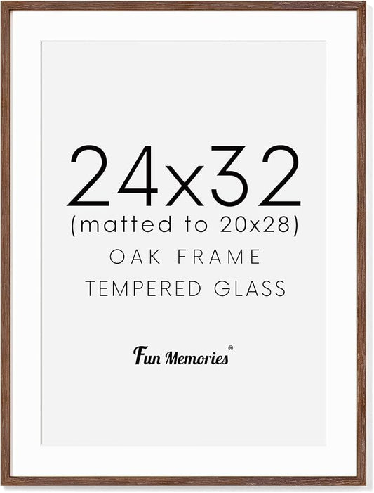 Fun Memories Oak Wood Picture Frame 24x32 for Wall, Rustic Poster Frame With Real Glass, Mat for 20x28, Walnut Color (1 Pack)