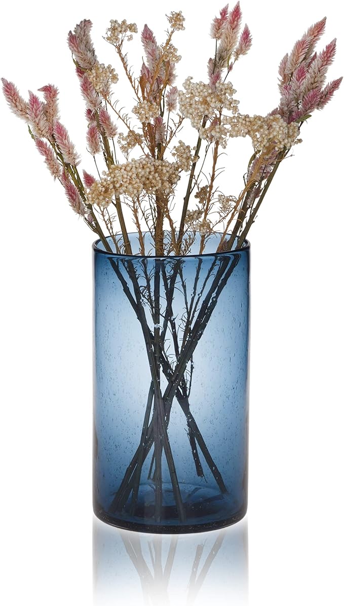 ARIAMOTION Glass Hurricane Candle Holder for Pillar Blue Cylinder Vase Flower Centerpiece Seeded Bubbles Modern Table Decoration for Kitchen Living Room 8 Inch 5 inch Diam