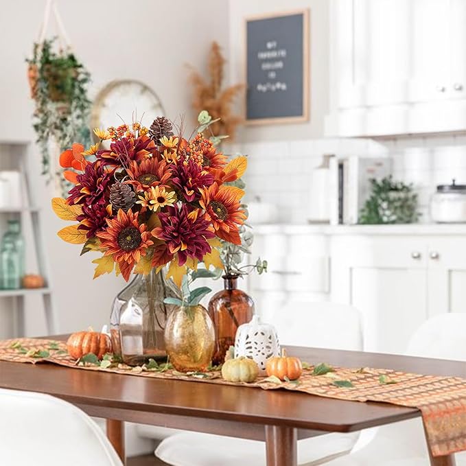 HUAESIN Artificial Fall Flowers Faux Sunflowers Bouquets Fake Peony Silk Dahlia Autumn Silk Floral Arrangements for Home Decor Indoor Living Room Kitchen Table Cemetery Grave Flowers
