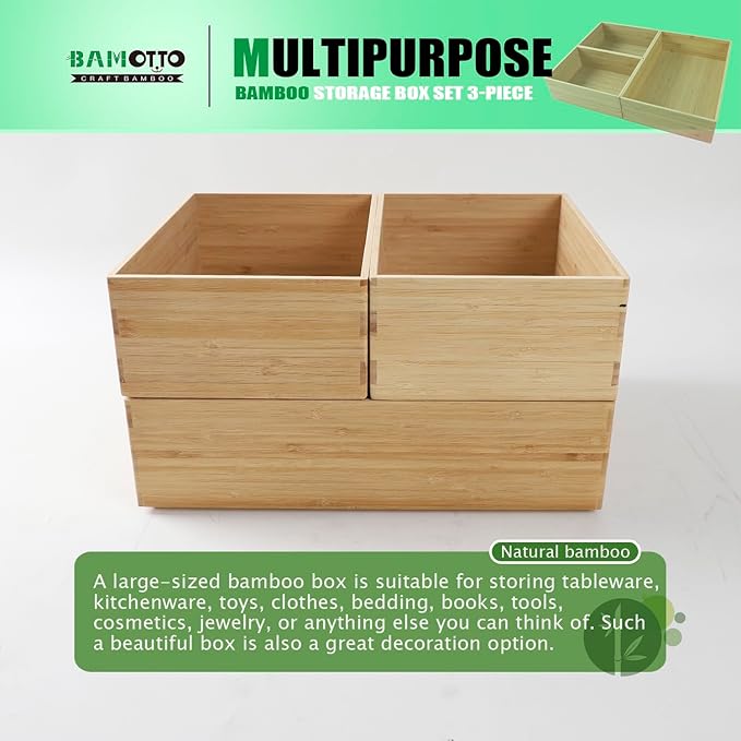 3-Piece Large Bamboo Storage Box Set, 3.1 in High Stackable Deep-Drawer Organizer for Kitchen Cutlery, Cookware, Utensils & Knives, Exquisite Durable Lidless Wooden Bin (14.6"x10.2"*1+10.2"x7.3"*2)