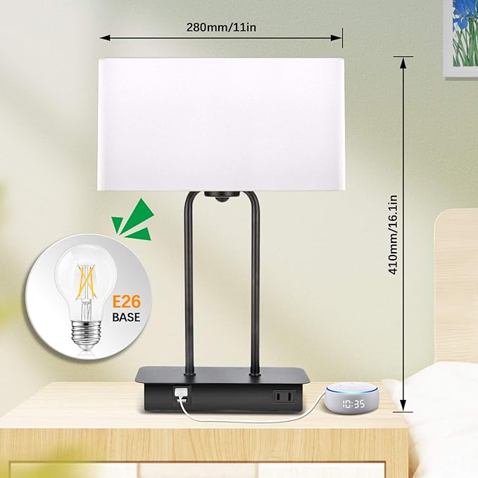 3-Way Dimmable Touch Control Table Lamp with 2 USB Ports and AC Power Outlet Modern Bedside Nightstand Lamp Fabric Shade and Metal Base for Guestroom Bedroom Living Room Hotel LED Bulb Included White