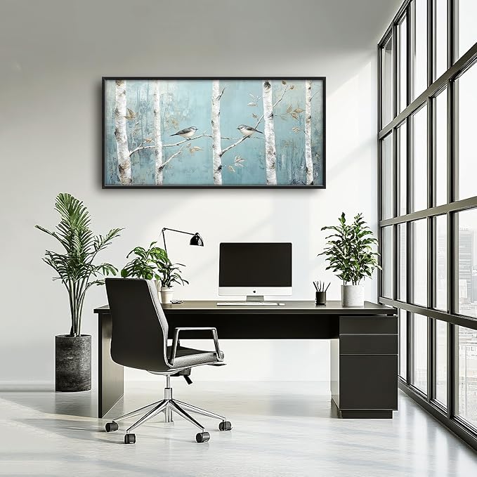 Flintis Large Birch Tree Bird Framed Wall Art Forest Birds Pictures Wall Decor Abstract Natural Landscape Canvas Painting Print Artworks Framed for Living Room Bathroom Master Bedroom 60L X 30W