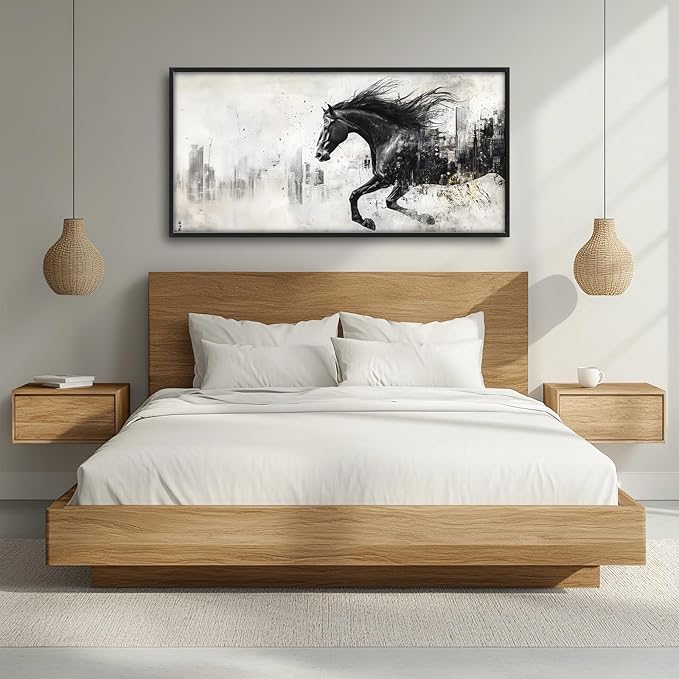 Framed Large Wall Art for Living Room, Black Running Horse Canvas Wall Decor, Large City Picture Framed Painting, Abstract Modern Artwork for Bedroom Office 60L'' × 30W''