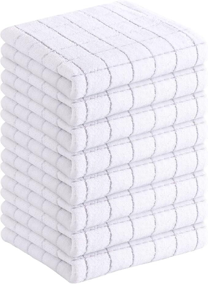 Homaxy 100% Cotton Terry Kitchen Towels(White, 13 x 28 inches), Checkered Designed, Soft and Super Absorbent Dish Towels, 8 Pack