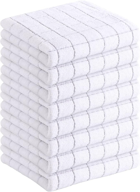 Homaxy 100% Cotton Terry Kitchen Towels(White, 13 x 28 inches), Checkered Designed, Soft and Super Absorbent Dish Towels, 8 Pack