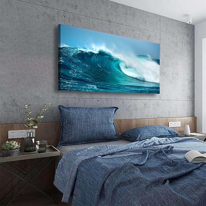 Sea Waves Wall Art for Living Room Bedroom Office Paintings Large Blue Beach Wall Art Pictures Artwork Nature Ocean Canvas Wall Art Prints Framed Room Wall Decor 20 * 40inch