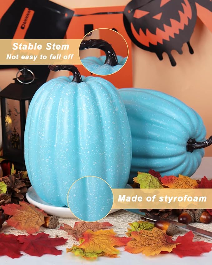 vensovo 2PCS 8 Inch Light Blue Plastic Pumpkins for Decorating–Large Artificial Foam Pumpkins for Fall Decor, Halloween, Thanksgiving, Paintable for DIY Crafts & Centerpieces