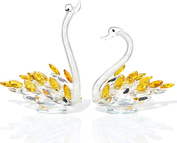 Set of 2 Crystal Golden Swans Anniversary Wedding Gifts for Couple, Glass Swan Figurines Collectibles Valentines Day Presents Keepsake for Parents Home Decor