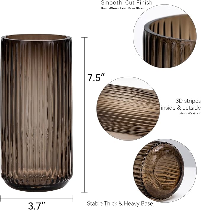 Flower Vase 7.5 inch Amber Thickened Hand Blow Glass Vase Round Vintage Striped Bottles for Bookshelf,Dinner Table,Indoor Office Desktop,Meeting Room,Bathroom,Countertop,Home