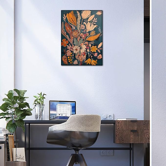 Boho Flower Canvas Wall Art Abstract Plant Wall decor pictures Orange Floral Poster Prints Mid Century Modern Flowers Painting For Living Room Bedroom Home Decorations (12inx16in canvas)