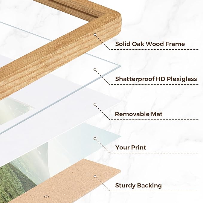 5x7 Picture Frame Set of 3, 5 by 7 Photo Frames for Wall & Tabletop Display, Solid Oak Wood Frames with Plexiglass, 5x7 Frame Matted to 4x6, Light Wood 5 x 7 Gallery Wall Frame Set, Natural Oak Color