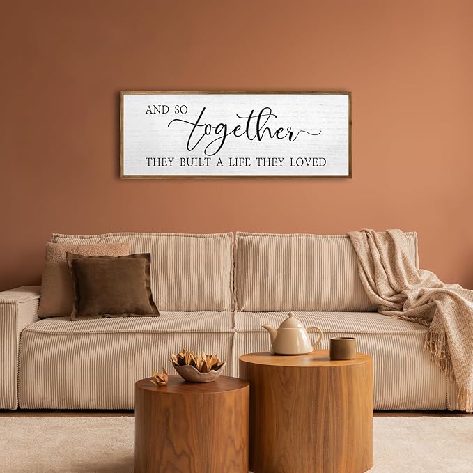 And So Together They Built A Life They Loved Wall Decor 40”X15” Rustic Master Bedroom Large Wood Framed Sign Above Bed Modern Farmhouse Quotes Couple Wall Art Over Bed Hanging Decoration (Wood)