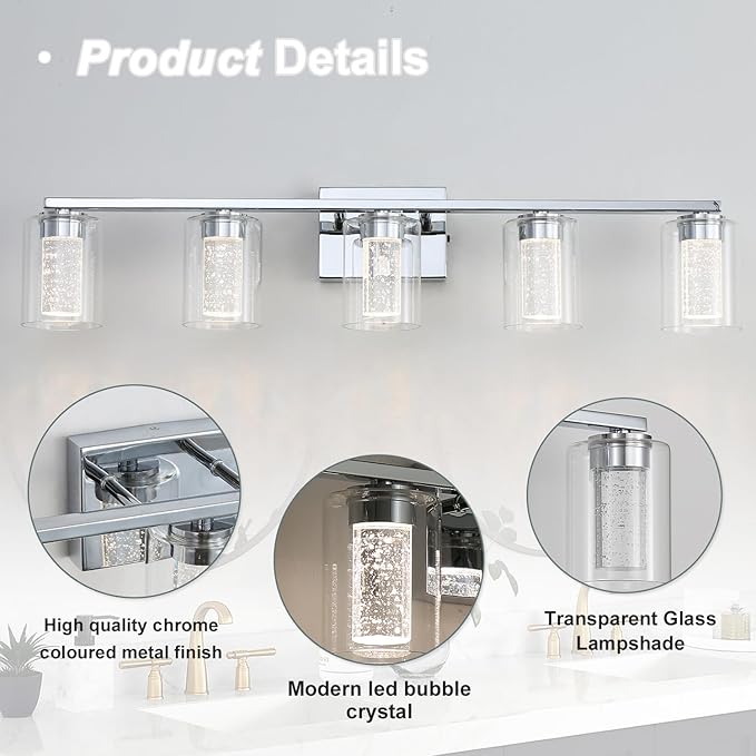 5 Light Chrome Bathroom Light Fixture, Dimmable 5CCT Chrome Bathroom Vanity Lights, 2700K-6500K Modern Crystal Bubble LED Wall Sconce Over Mirror with Clear Glass for Bedroom, Living Room