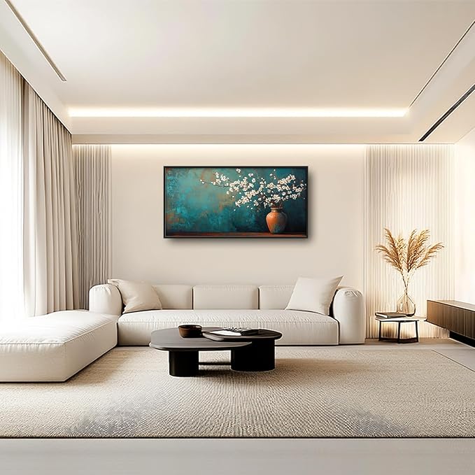 Teal Flowers Framed Wall Art for Living Room, Large Florals in Vase Canvas Wall Decor, Vintage Canvas Pictures Painting, Modern Artwork for Bathroom Bedroom 60L'' × 30W''