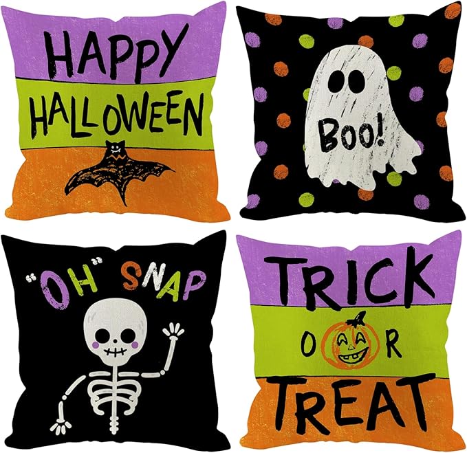 Halloween Pillow Covers 20x20 inch Set of 4, Linen Outdoor Farmhouse Cute Ghost Vintage Skull Trick or Treat Party Supplies Decorations for Sofa Couch