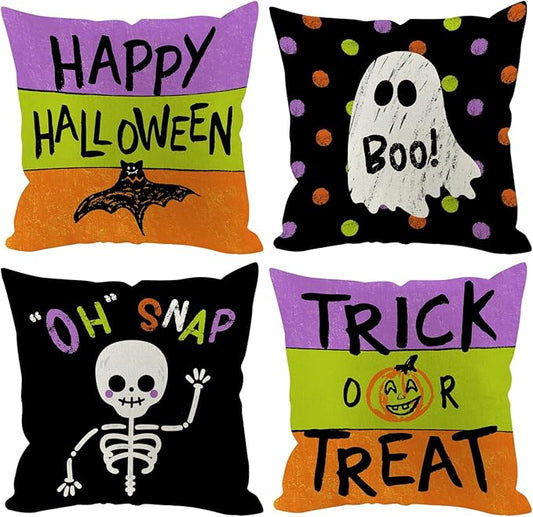 Halloween Pillow Covers 20x20 inch Set of 4, Linen Outdoor Farmhouse Cute Ghost Vintage Skull Trick or Treat Party Supplies Decorations for Sofa Couch