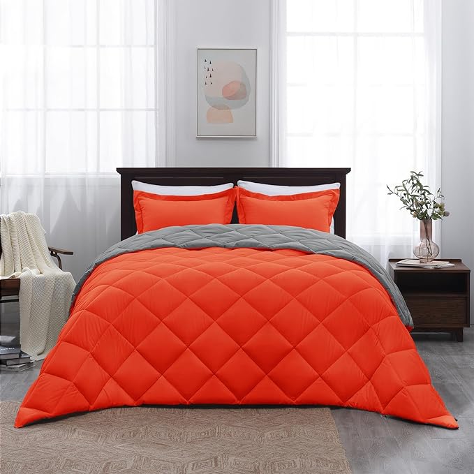 Basic Beyond King Size Comforter Set - Orange Reversible King Bed Comforter Set for All Seasons, Flame/Charcoal Gray, 1 Comforter (104"x92") and 2 Pillow Shams (20"x36"+2")