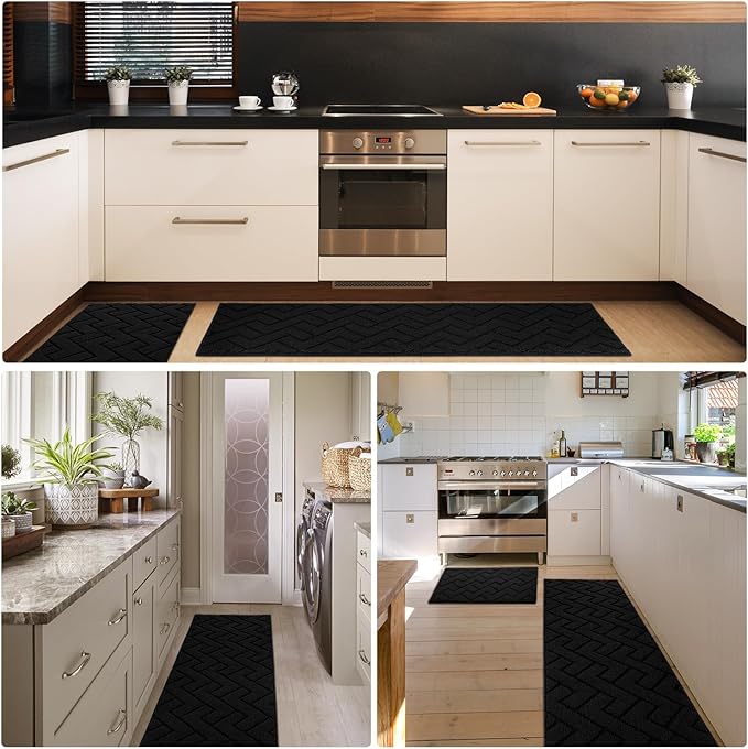 hicorfe Kitchen Rugs and Mats Sets,2 Pieces Super Absorbent Polypropylene Non-Slip Rug,Soft Comfort Floor Mat,Washable for Kitchen,Hallway,Office,Sink,Laundry(24" x 35"+24" x 71",Black)