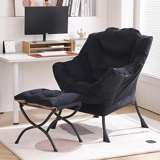 Lazy Chair with Ottoman, Modern Chair with Folding Footrest, Lounge Accent Chair, Comfortable Reading Chair, Oversized Armchairs for Bedroom, Study, Living Room, Courtyard (Velvet Black)