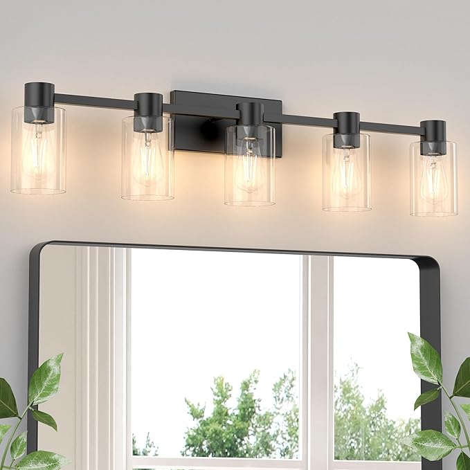 5-Light Modern Vanity Light Fixtures Over Mirror, Matte Black Bathroom Light Fixtures, Vanity Lights, Wall Sconce with Clear Glass Shade for Bathroom, E26 Base