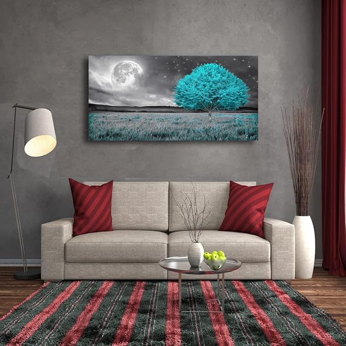 Tree of Life Wall Art Picture Canvas Prints Room Wall Décor Blue Tree with Full Moon Paintings for Living Room Bathroom Bedroom Home Kitchen Decorations Natural Artwork Wooden Framed 28x57inches