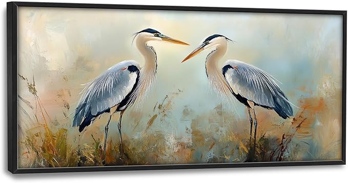 Blue Heron Framed Wall Art for Living Room, Large Birds Canvas Wall Decor, Animal Pictures Painting, Modern Artwork for Bathroom Bedroom 60L'' × 30W''